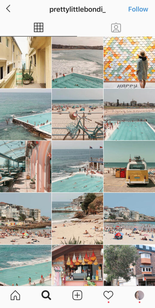 Screenshot of Instagram 9-grid with champagne, light blue, and melon