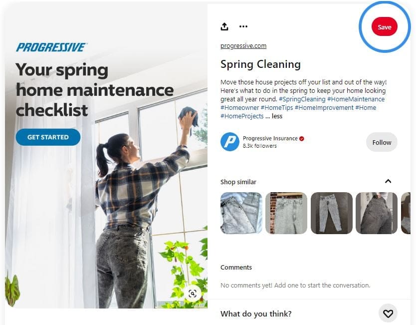 Screenshot of Progressive's pinterest page