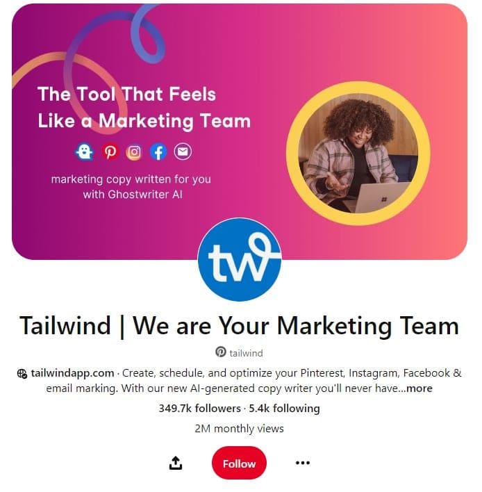 Screenshot of Tailwind's pinterest page