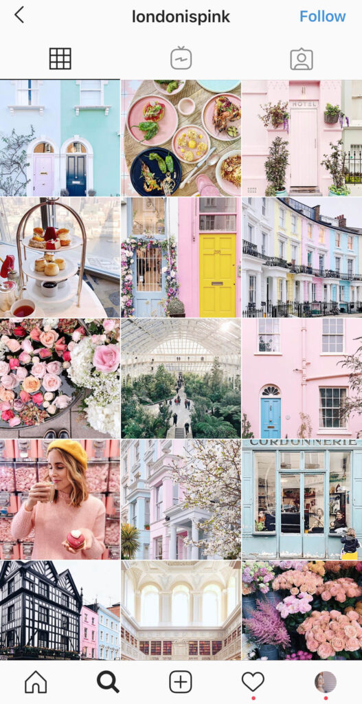 Screenshot of Instagram 9-grid with light pink, light blue, and cream