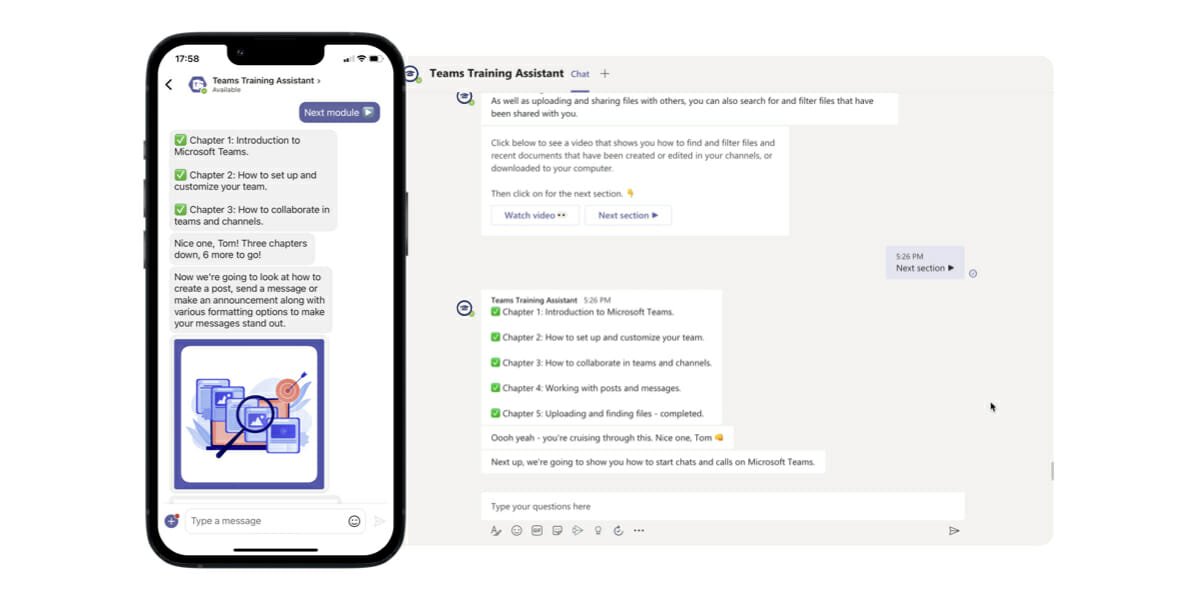 As the user completes the training course, the bot is able to track their progress as they go through each module. Personalized messages of encouragement make the user feel good about their progress, while also increasing completion rates.