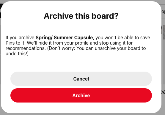 Screenshot of Archive board message on Pinterest