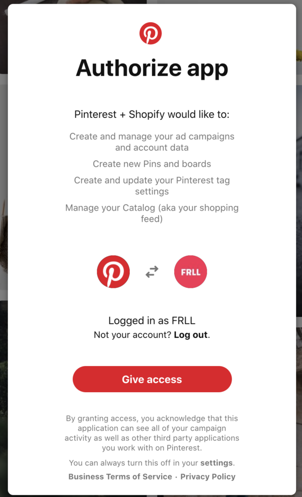 Authorize Pinterest for Shopify App