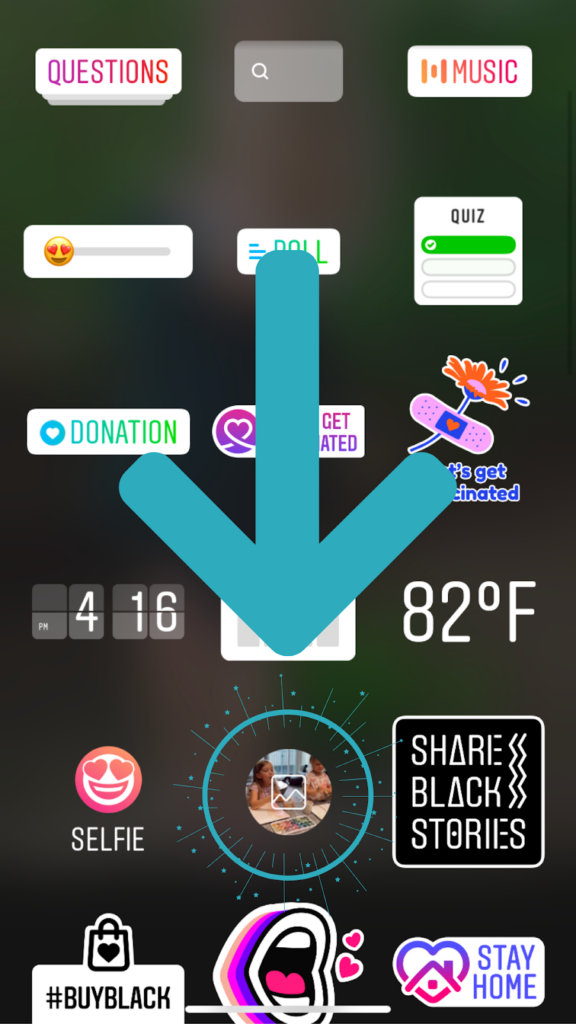 Screenshot Instagram Stories 'photo sticker' circled with arrow.