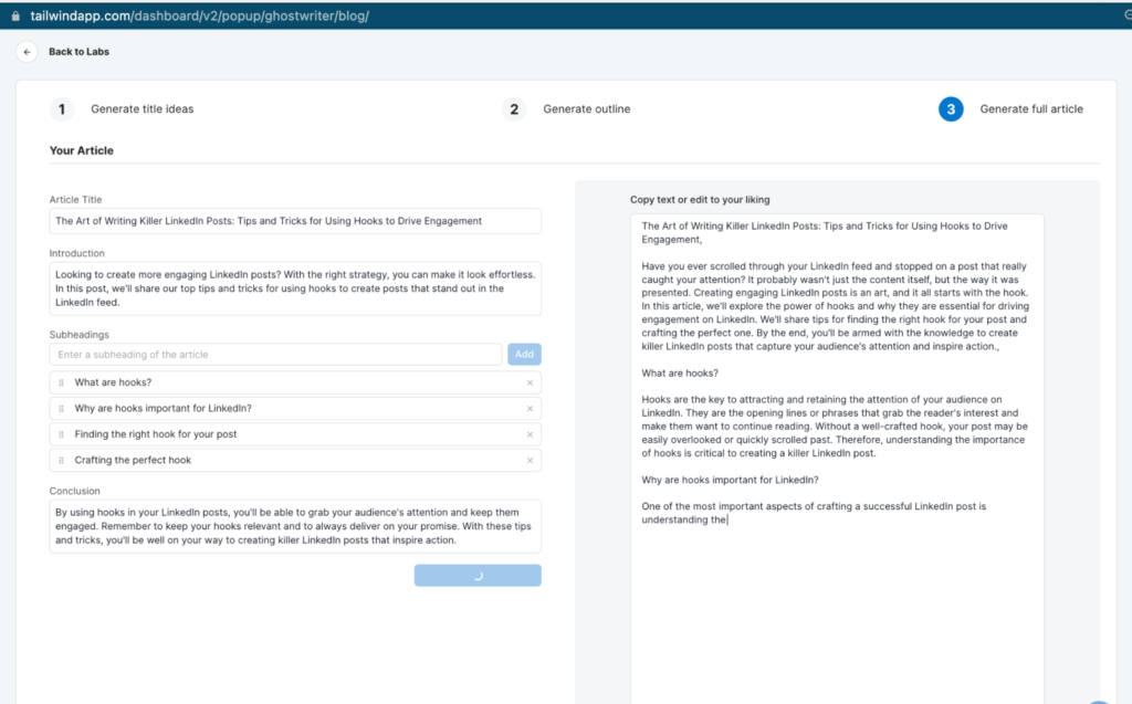 Screenshot of Tailwind Ghostwriter Generating Full Article