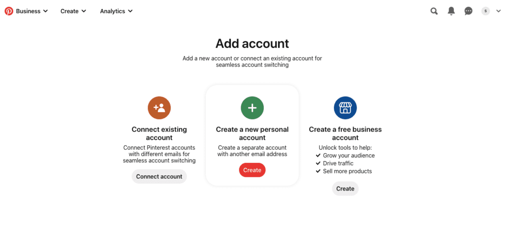 screenshot of pinterest page of add account options