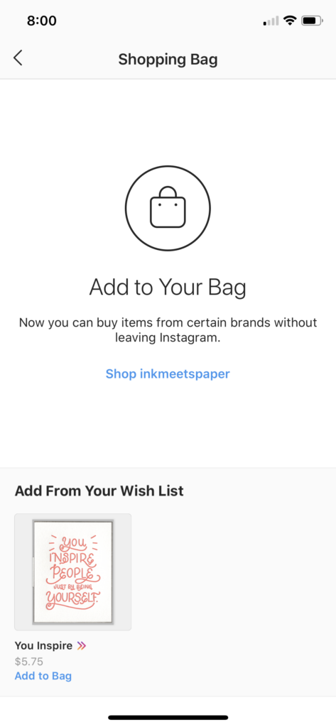 Prompt to add wish list items to your Instagram shopping bag