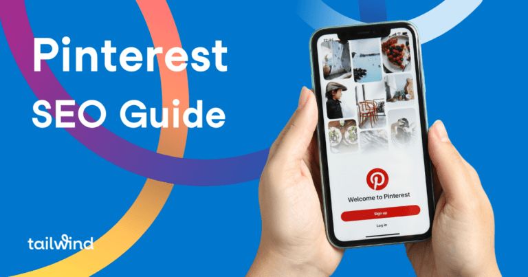 Smartphone screen showing pinterest homescreen on a blue background with the blog post title and Tailwind in white font
