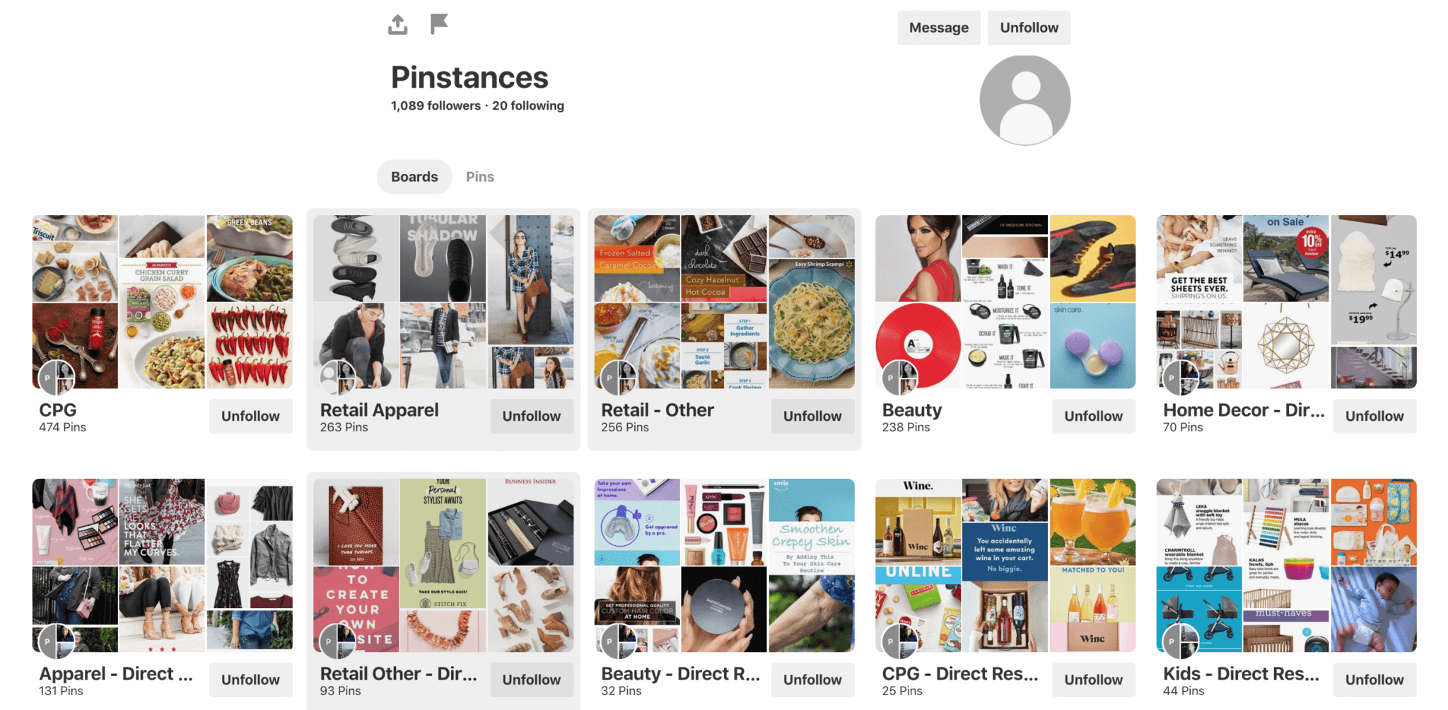 Pinstances Pinterest account